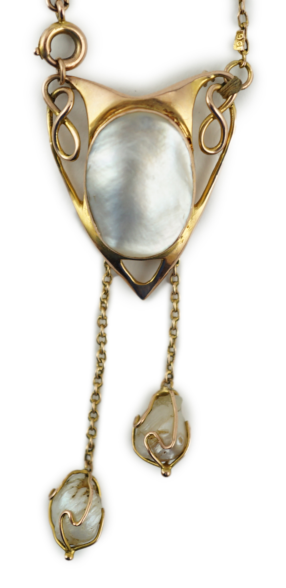 An Art Nouveau 9ct gold, mother of pearl and baroque pearl drop set pendant necklace